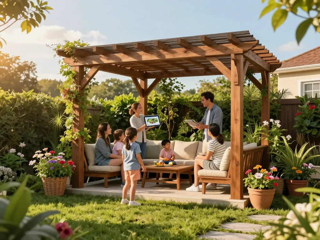 Custom pergola configurator showcasing a family enjoying their outdoor space under a beautifully designed pergola in a vibrant garden.