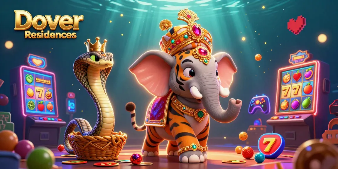 Dover Residences showcases a vibrant scene with a maharaja tiger, jewel-encrusted elephant amidst exciting slot reels and casino symbols.