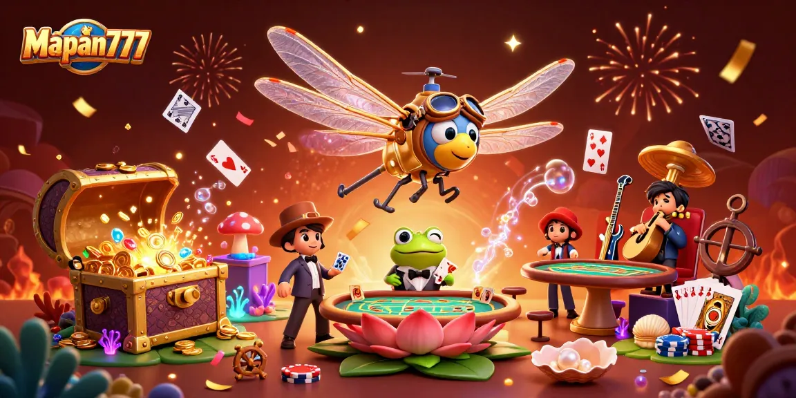 Mapan777's vibrant casino scene featuring a dragonfly pilot and frog croupier engaging players.