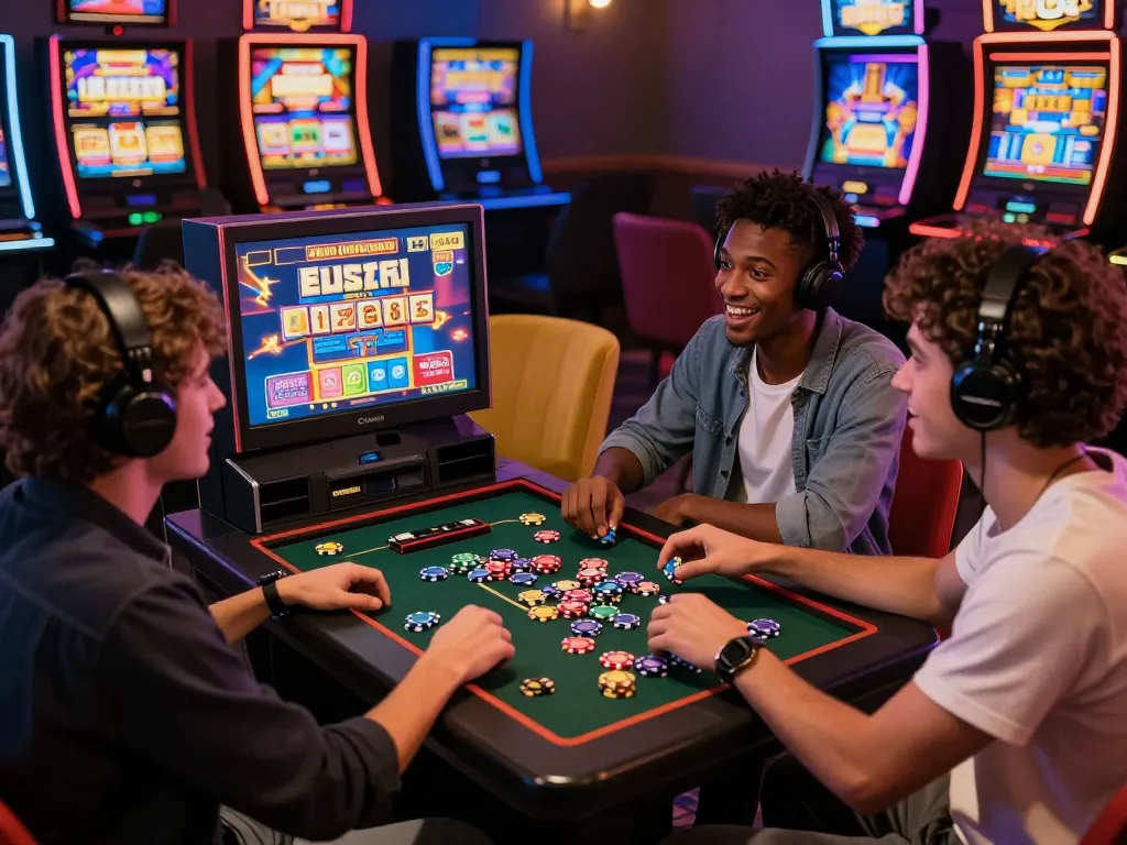 Friends enjoying situs gacor gaming session with vibrant slot machines and casual atmosphere
