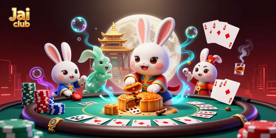 Engage with Jai club as the moon rabbit reveals poker chips in a dazzling casino scene.