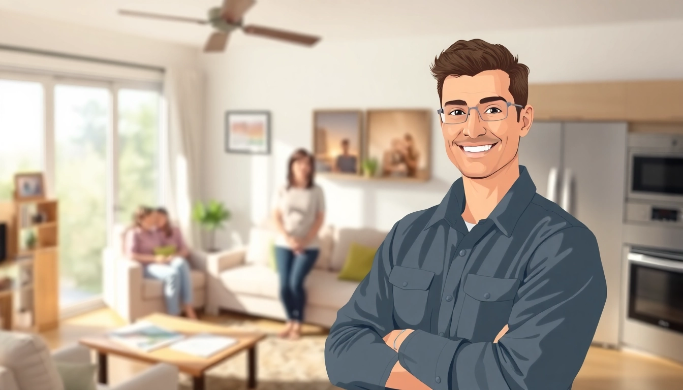 Home warranty technician inspecting appliances for service in a welcoming living room.