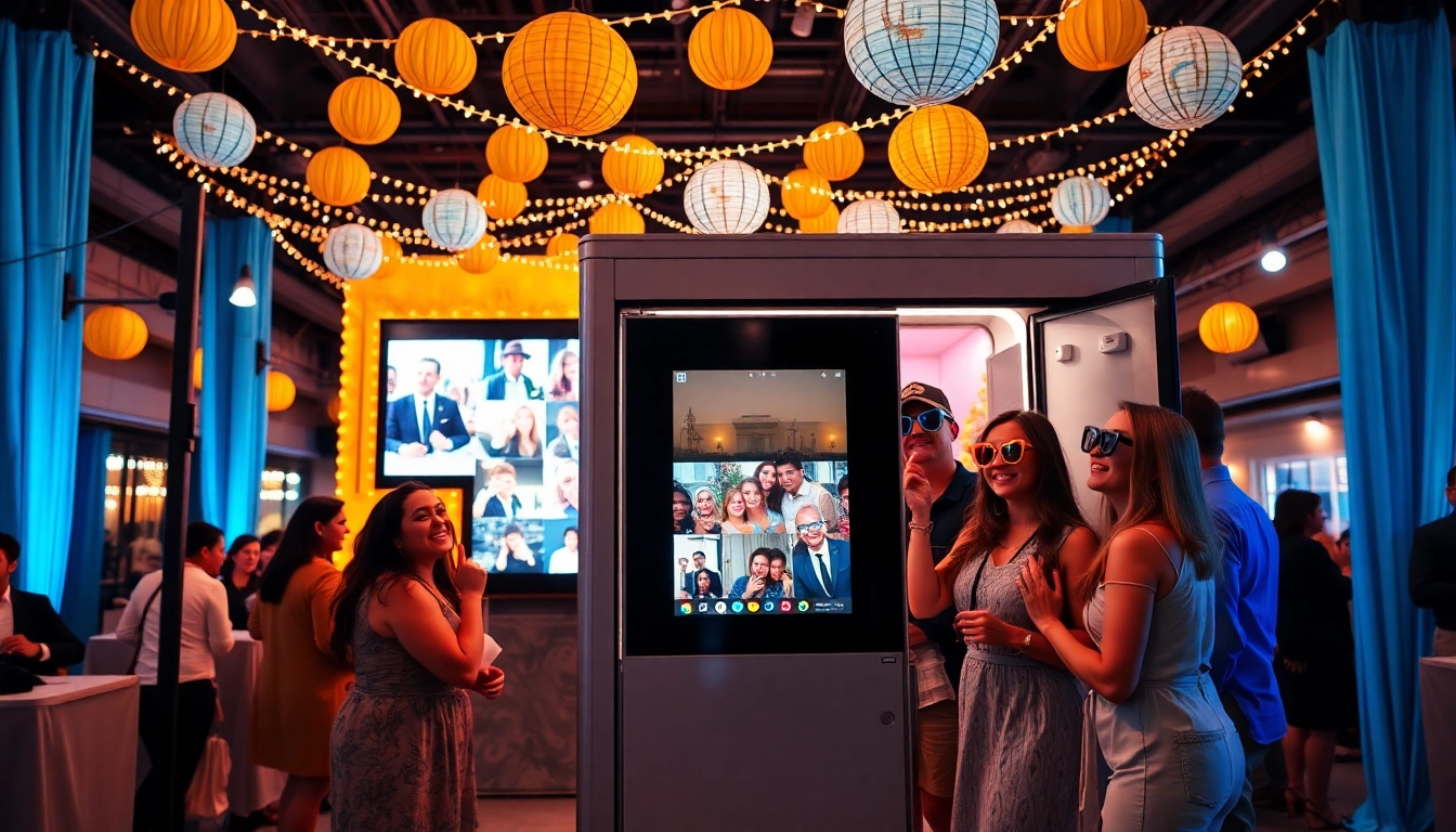 Guests enjoying a photo booth Chicago experience with vibrant props and festive decor.