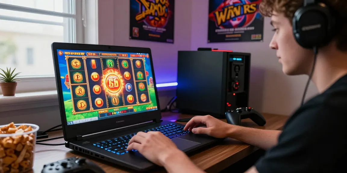 player enjoying slot depo 1000 game on a laptop in a vibrant gaming space