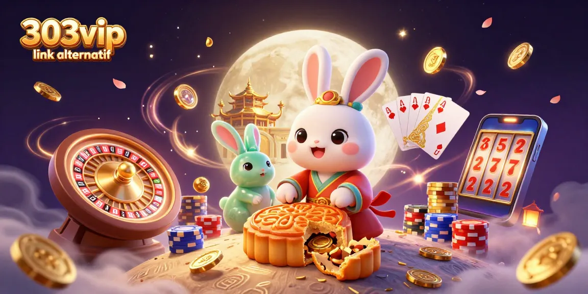 Engage with 303vip link alternatif through an immersive, vibrant casino scene featuring a moon rabbit and dynamic gambling elements.