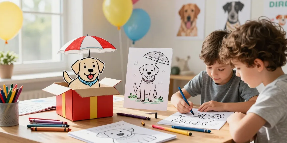 Kids coloring cartoon character coloring pages featuring playful Labrador Retrievers in a sunny room.