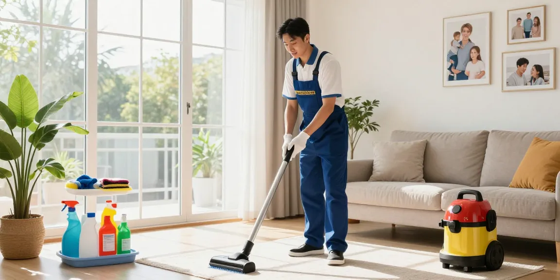 Professional cleaner at atscleaning.co.uk dusting a bright living room, showcasing a clean and inviting home atmosphere.