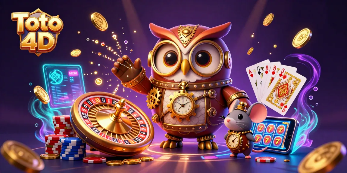Toto 4D immersive illustration showcasing a whimsical casino scene with a steampunk owl and vibrant gaming elements.
