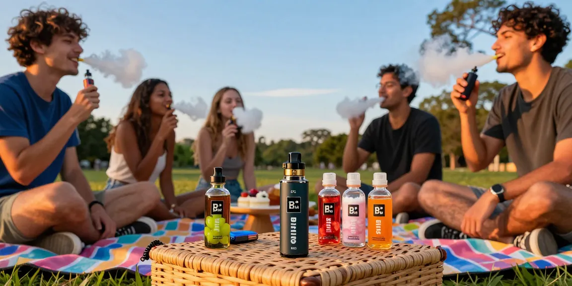 Friends enjoying B Plus Bizarro Incense E-liquid 5ml while relaxing outdoors.