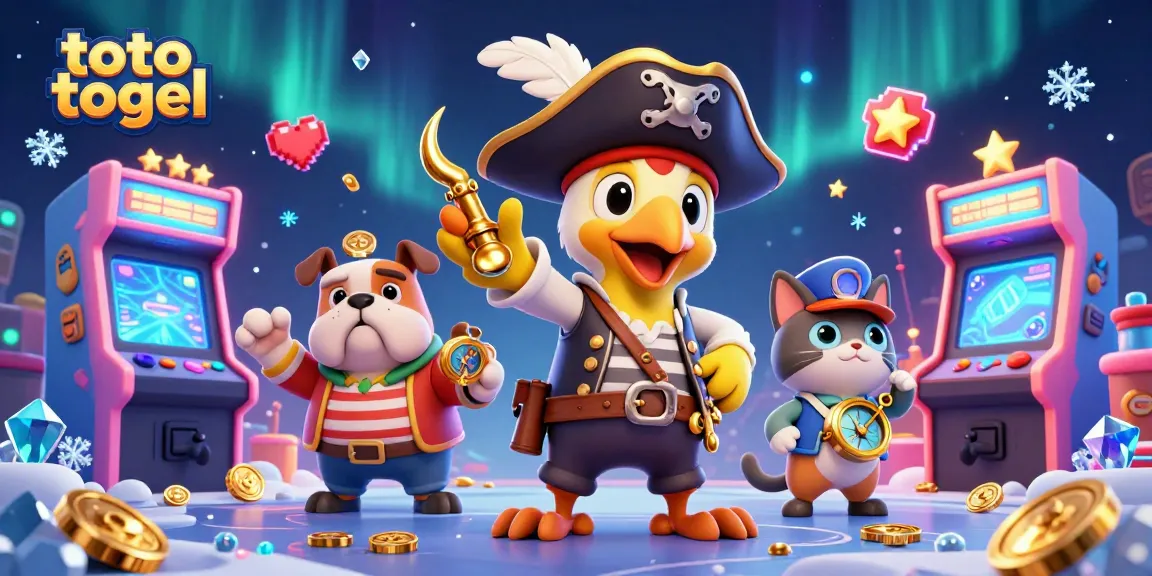 Toto togel gaming adventure with a pirate captain, bulldog, and cat surrounded by arcade elements.
