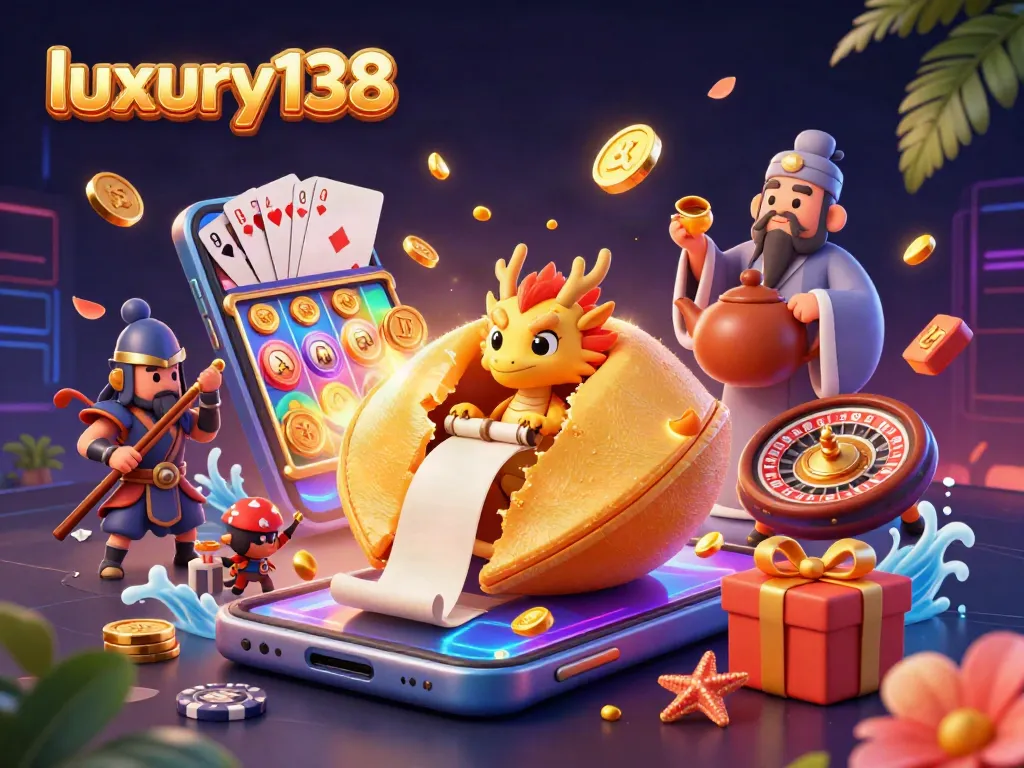 Kemasukan jackpot dengan luxury138 dan karakter beruntung dalam ilustrasi canggih dari permainan slot.