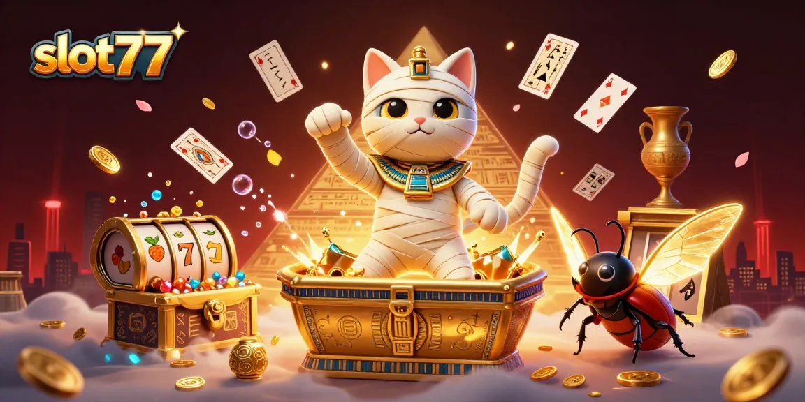 slot77 memicu jackpot dengan karakter slot antik dan harta karun bersinar di kasino