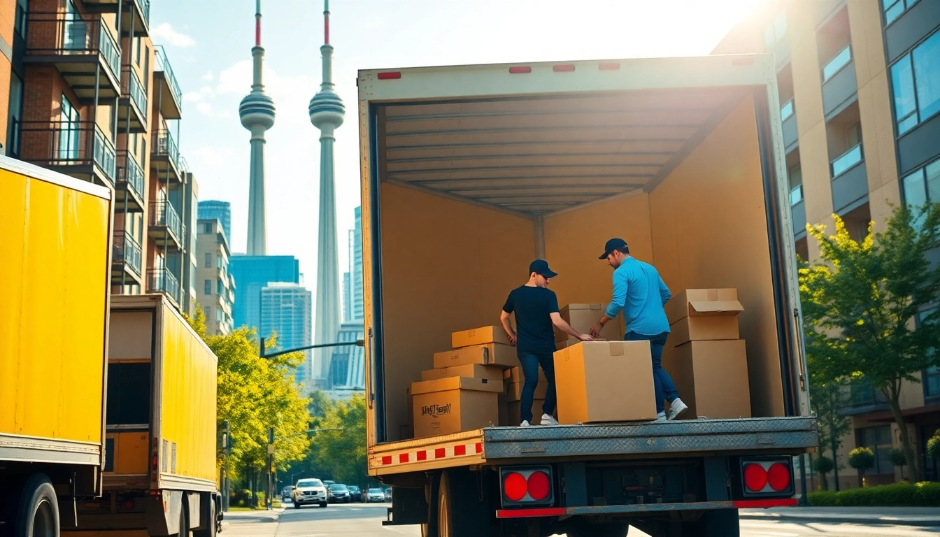 Toronto movers efficiently packing boxes in a lively urban setting, emphasizing teamwork.