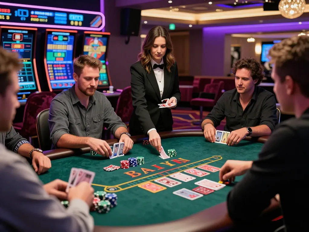 Engaged players enjoying a baccarat game at a modern 바카라사이트, vibrant atmosphere with dealer and colorful chips.