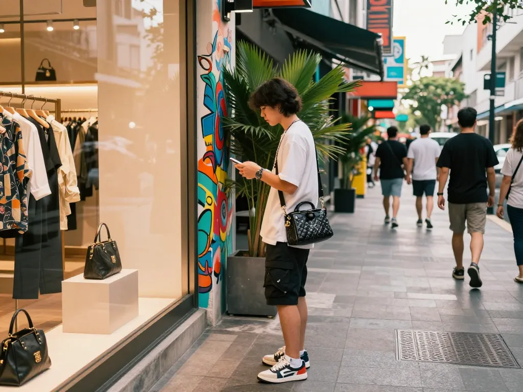 Stylish urban scene with a person exploring luxury 레플리카 fashion items in a trendy shopping district.