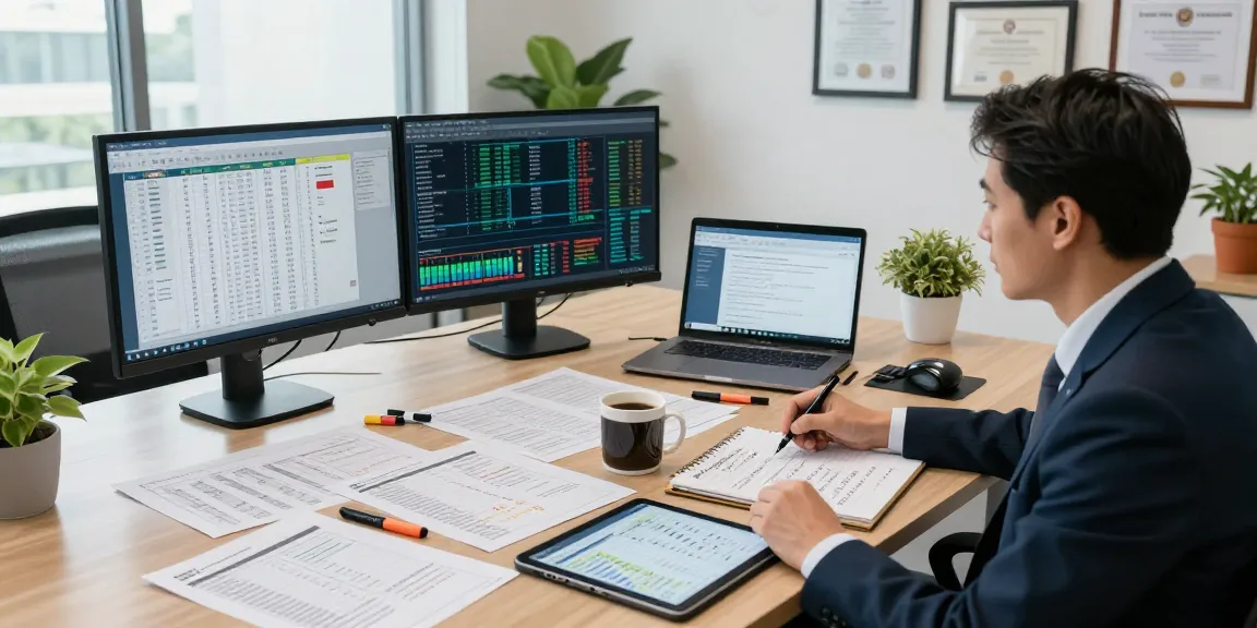 Asset tracing analysis in a professional office with documents and dual monitors.