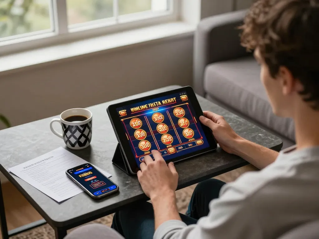 Engaging online gaming with DEWA222 on tablet amidst a cozy home setup, showcasing strategic gambling.