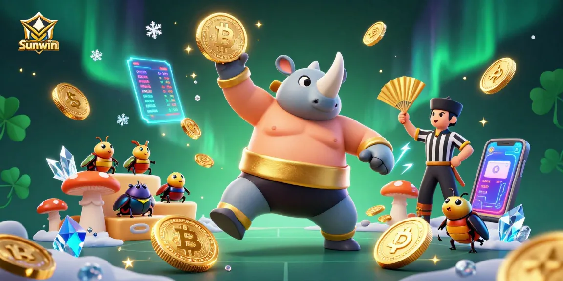 Experience winning moments at Sunwin with a vibrant 3D casino scene featuring unique characters and crypto elements.