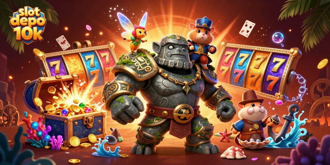Experience the thrill of slot depo 10k in this vibrant casino illustration filled with jackpots and magical creatures.