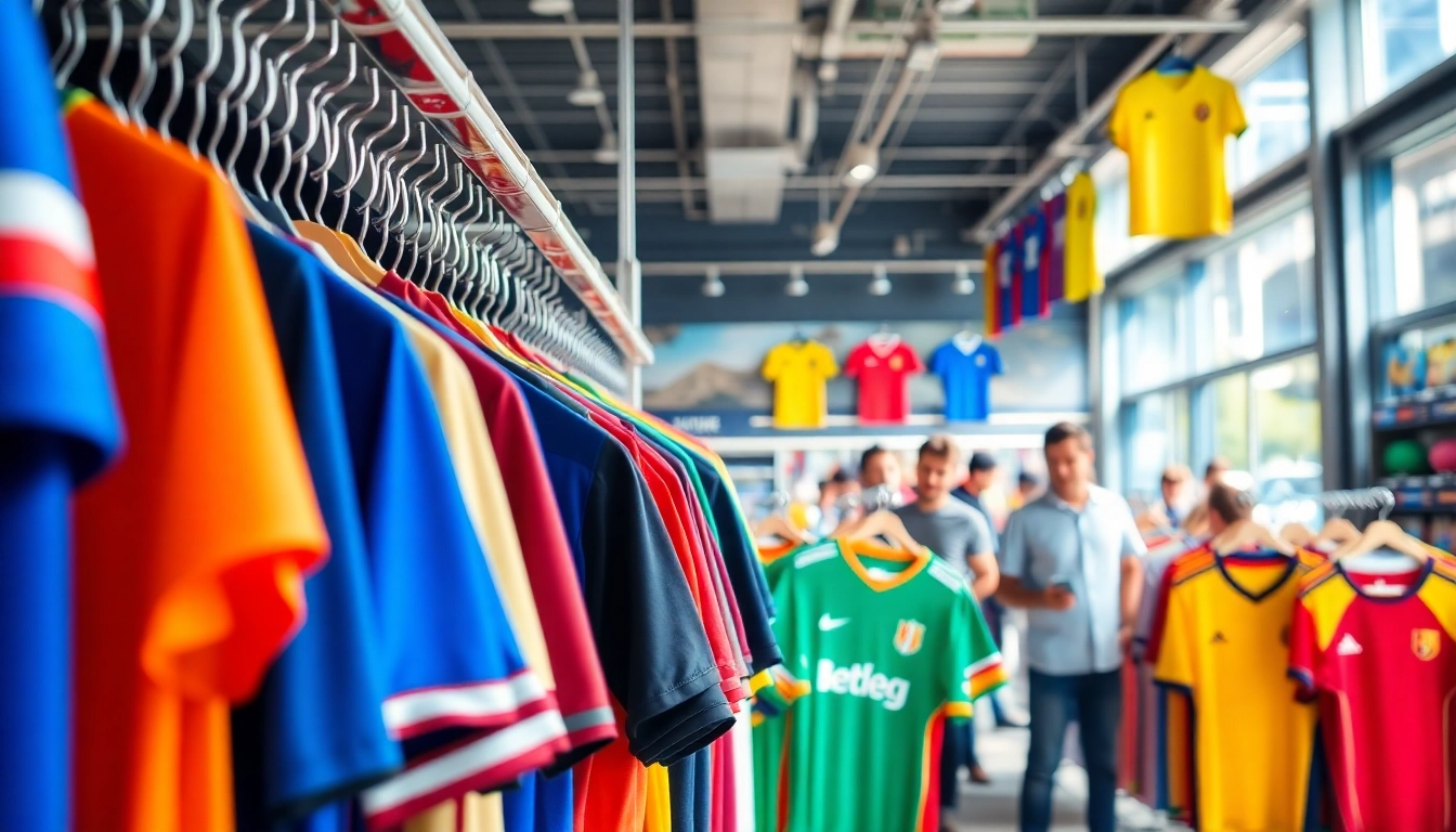 Shop for exciting discount football shirts in a vibrant sports store environment with enthusiastic fans.