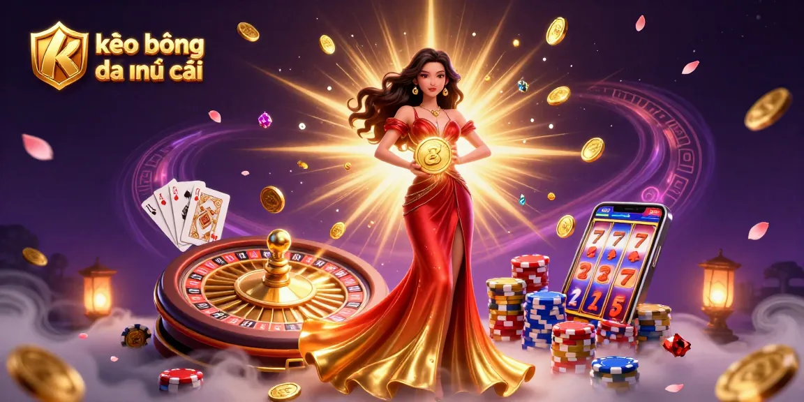 A stunning illustration of kèo bóng đá nhà cái featuring a beautiful Asian woman holding a golden coin, surrounded by vibrant casino elements.