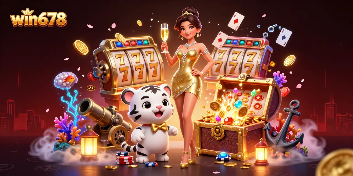 Win678 showcases a glamorous woman celebrating alongside a lucky tiger cub amidst vibrant casino scenes.