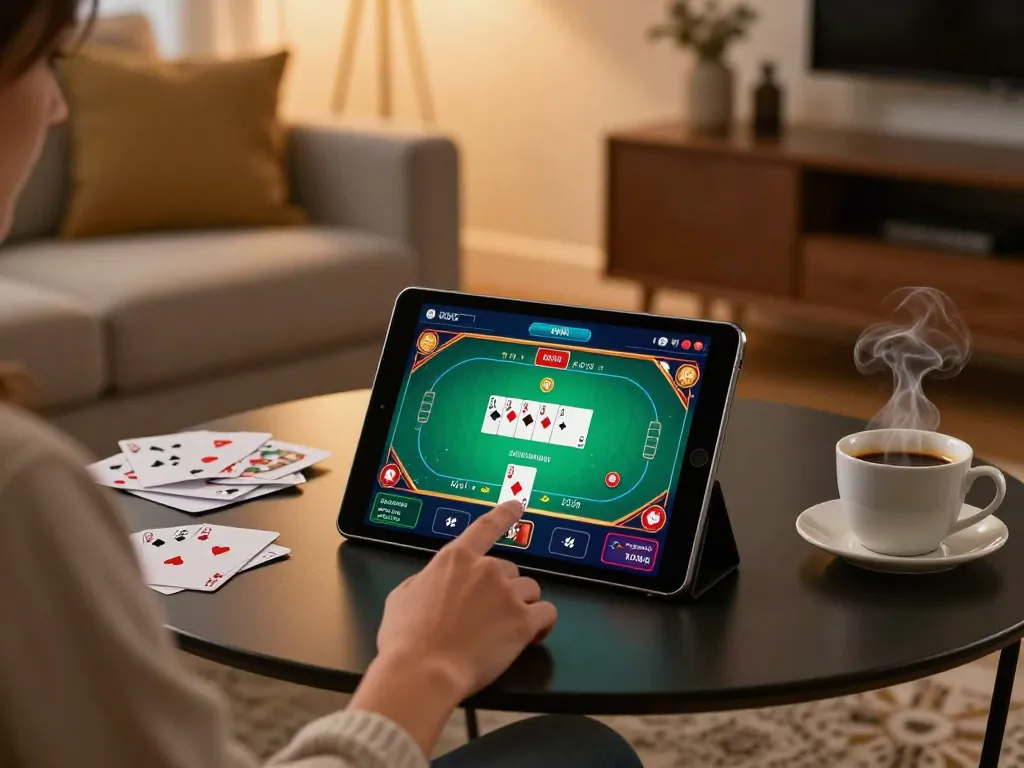 Canada online casinos reddit in a cozy home setting with a person playing poker on a tablet.