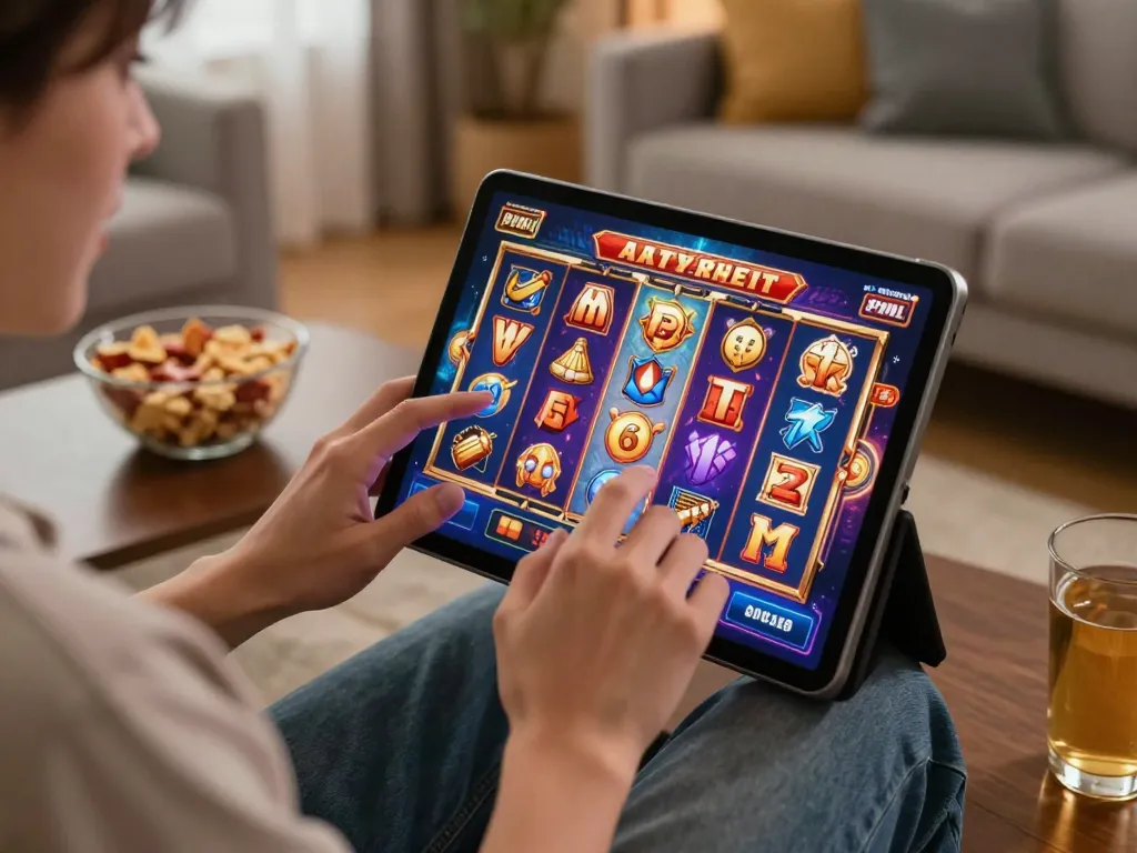 Excited player enjoying LC88 slot games on a tablet in a cozy living room.