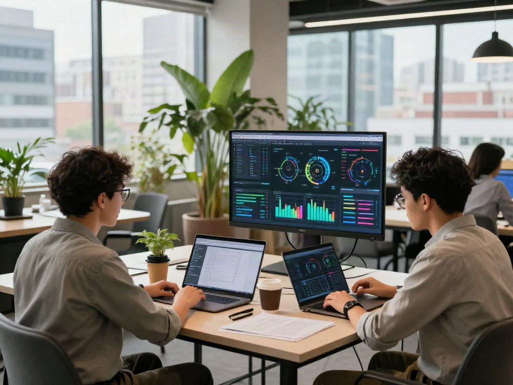 Collaborating adults using AI tools in a vibrant workspace, showcasing 18+ ai innovation.