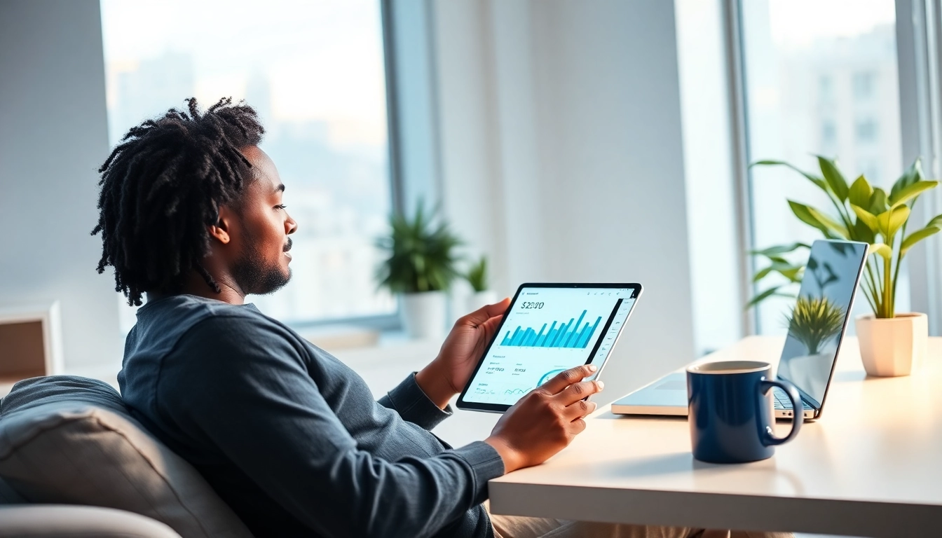 User interacting with a cloud mining app in a modern workspace, showcasing innovation and technology.