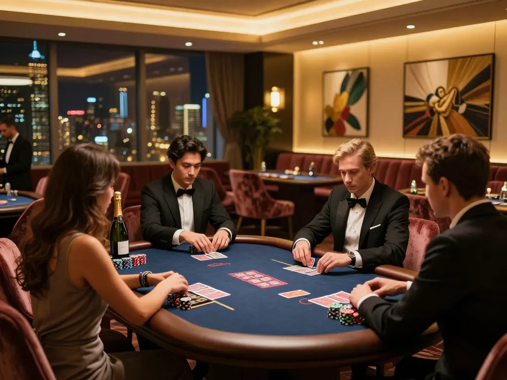 hb88 players enjoying exclusive poker game in luxurious VIP area with golden lighting and champagne
