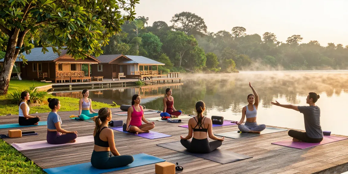 Yoga teacher trainings Sri Lanka with aspiring instructors practicing asanas at sunrise on Koggala Lake.