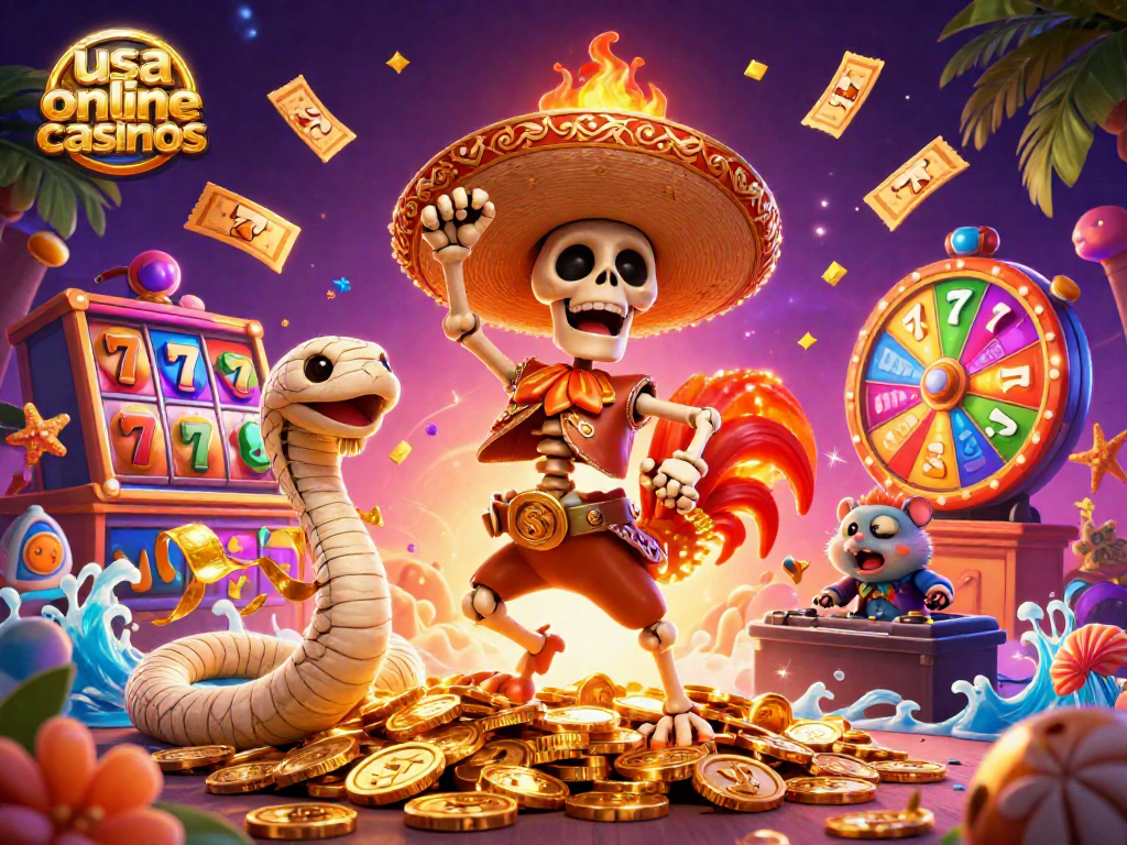 Join the fun at usa online casinos with a dancing skeleton mariachi and golden coins flying everywhere.