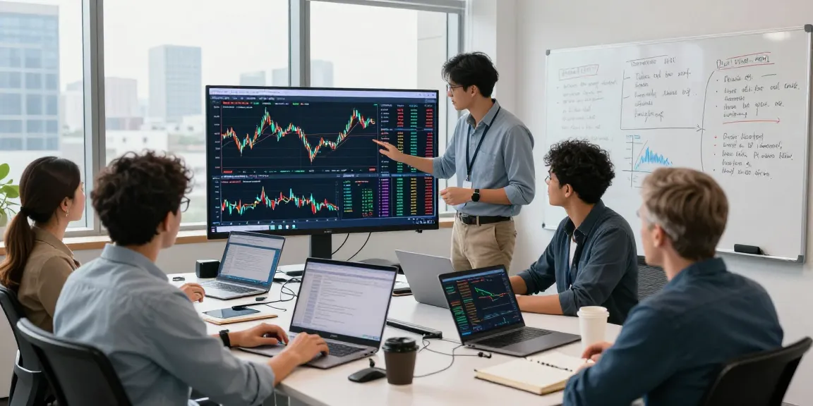 Team analyzing financial strategies with MetaTrader 5 in a modern office setup.