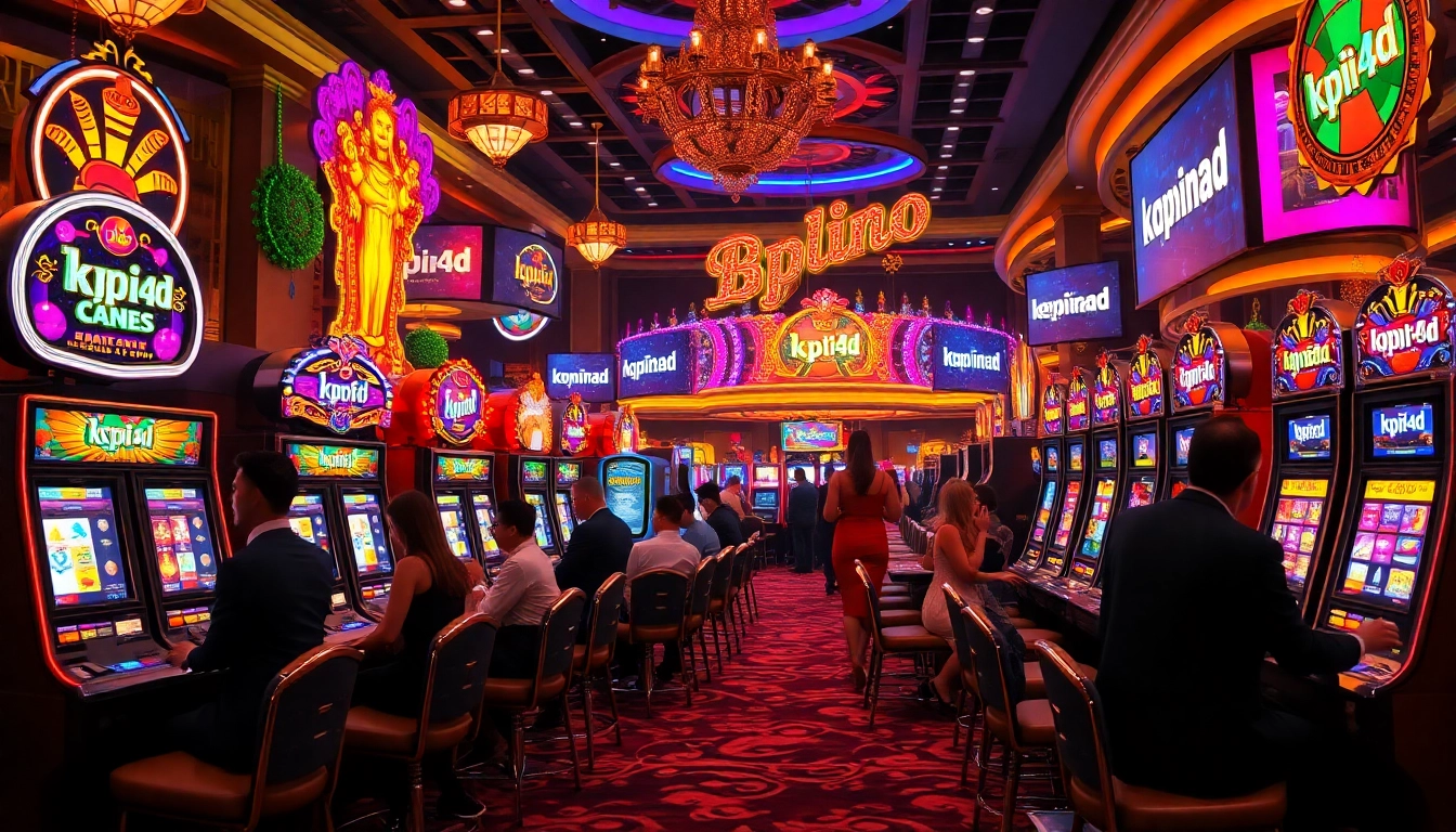 Excited gamblers at colorful slot machines in a lively casino showcasing kpi4d promotions.