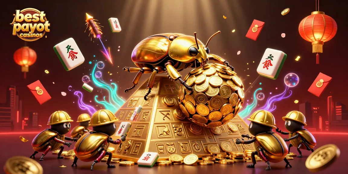 Experience best payout casinos with golden insects rolling coins and festive casino elements.
