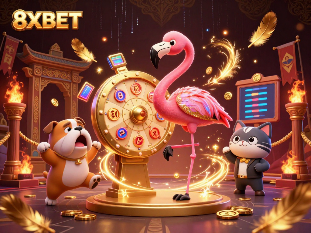 Bet on exciting prizes with 8XBET in a vibrant game scene featuring dynamic characters and golden rewards.