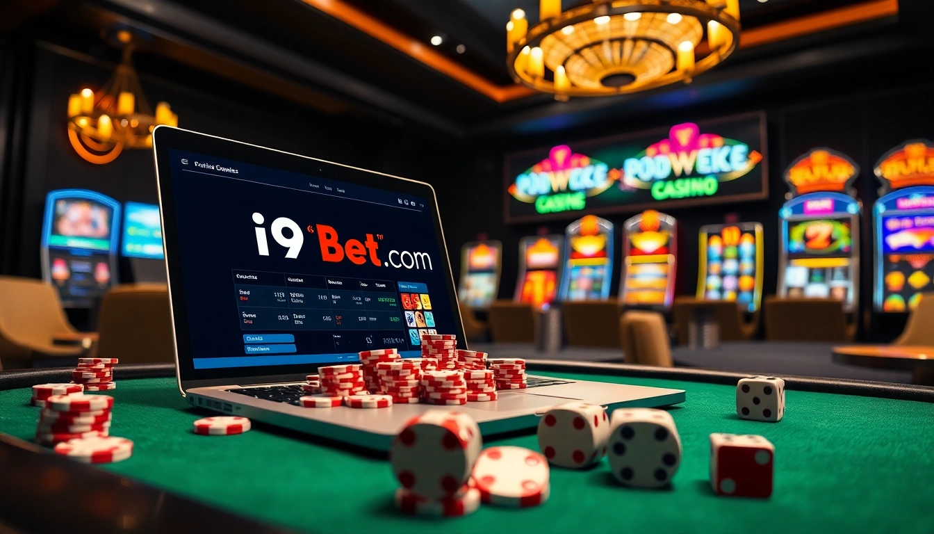 Engage in exhilarating gameplay at i9bet .com with vibrant casino elements like dice and poker chips.