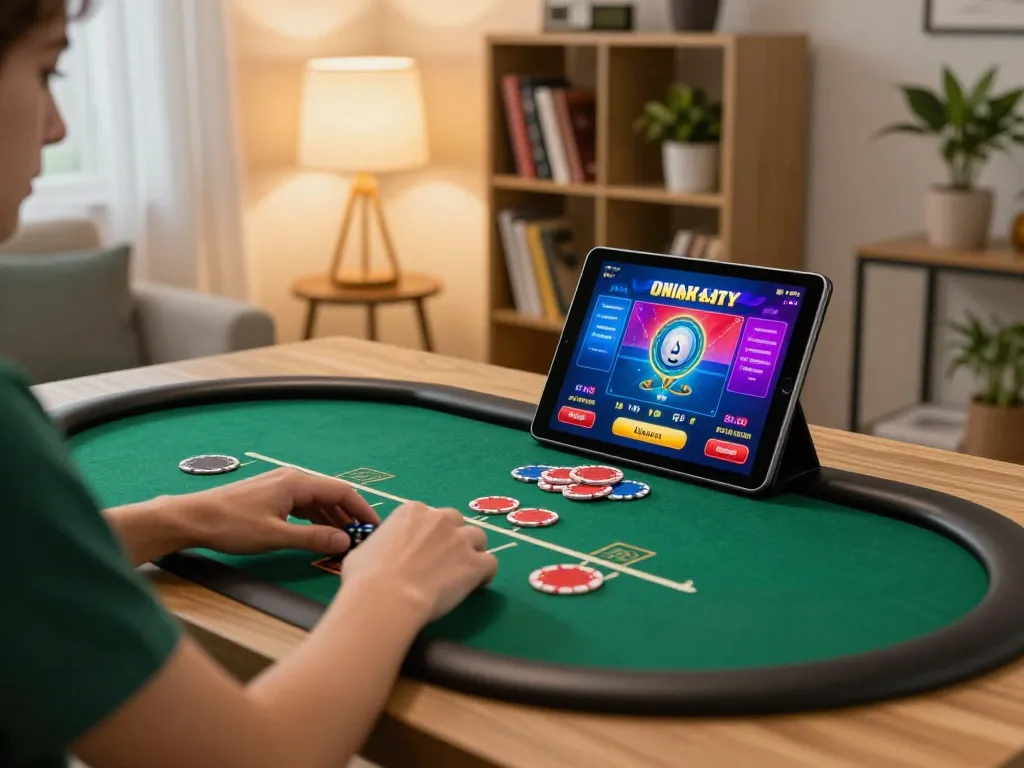 Person enjoying online gaming at home on tablet displaying vt88 trang chủ poker interface, warm atmosphere with cozy lighting.