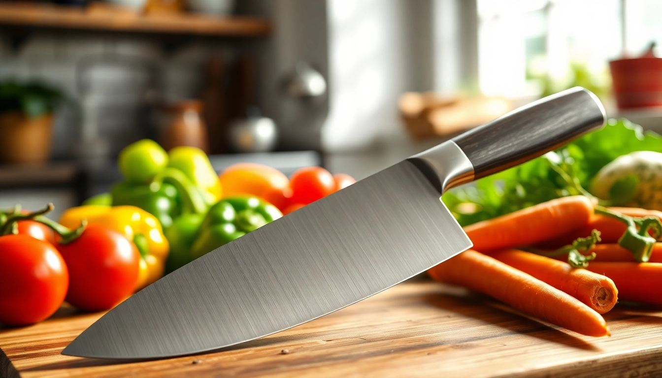 Showcasing a chef’s knife NZ on a wooden board, surrounded by vibrant vegetables.