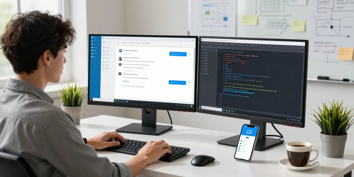 Developer using the telegram中文版 app on dual monitors in a modern workspace.