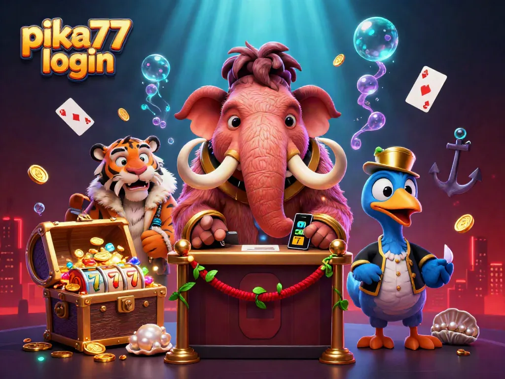 Experience thrilling action with the vibrant scene of pika77 login, showcasing a cartoon mammoth bouncer at the casino door.