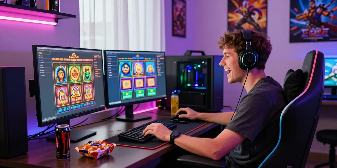 Exciting online gaming experience with koitoto slot games on multiple monitors and vibrant decor