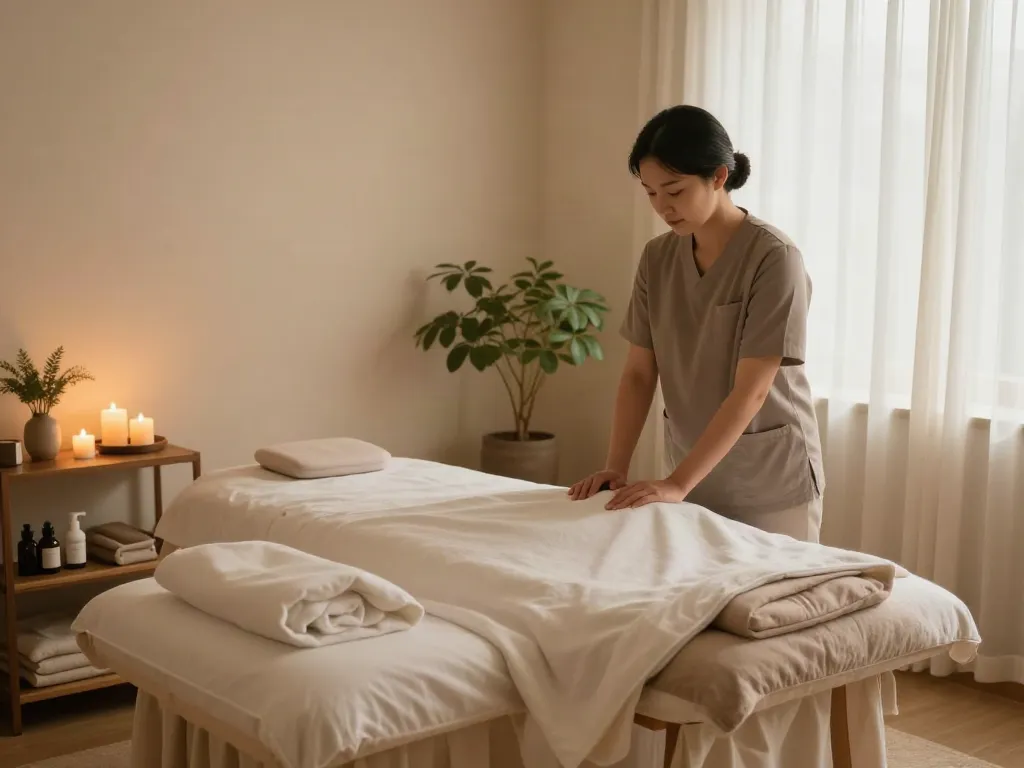 Serene massage space for 신촌출장마사지 with calming decor and ambient lighting.