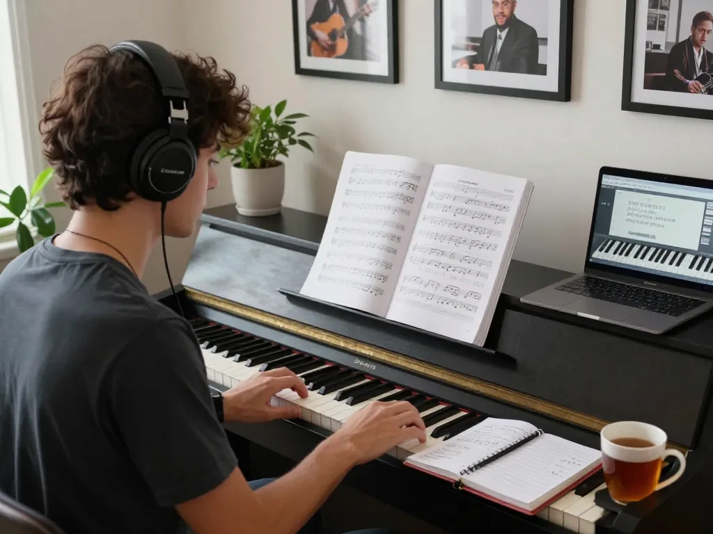 Engaged musician practicing go 88 digital piano in a cozy home studio