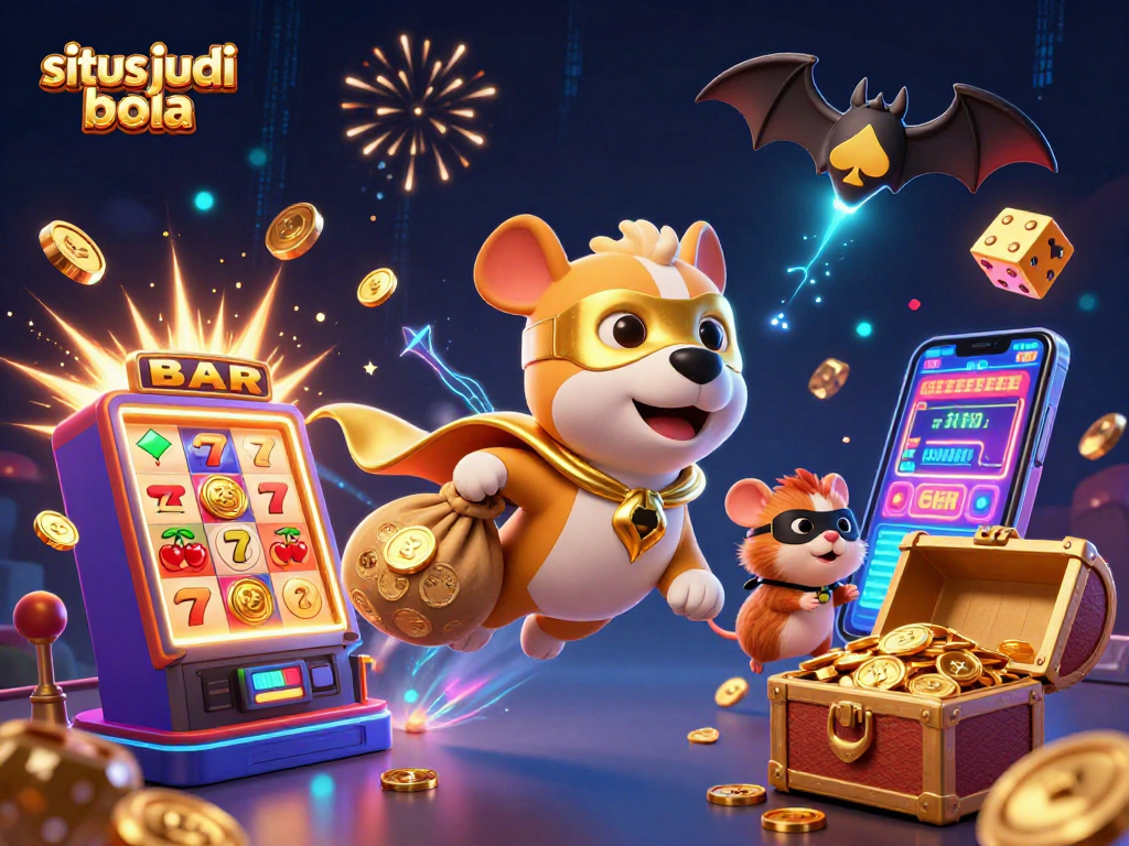 Experience situs judi bola excitement with a superhero dog and hamster in a vibrant 3D illustration.