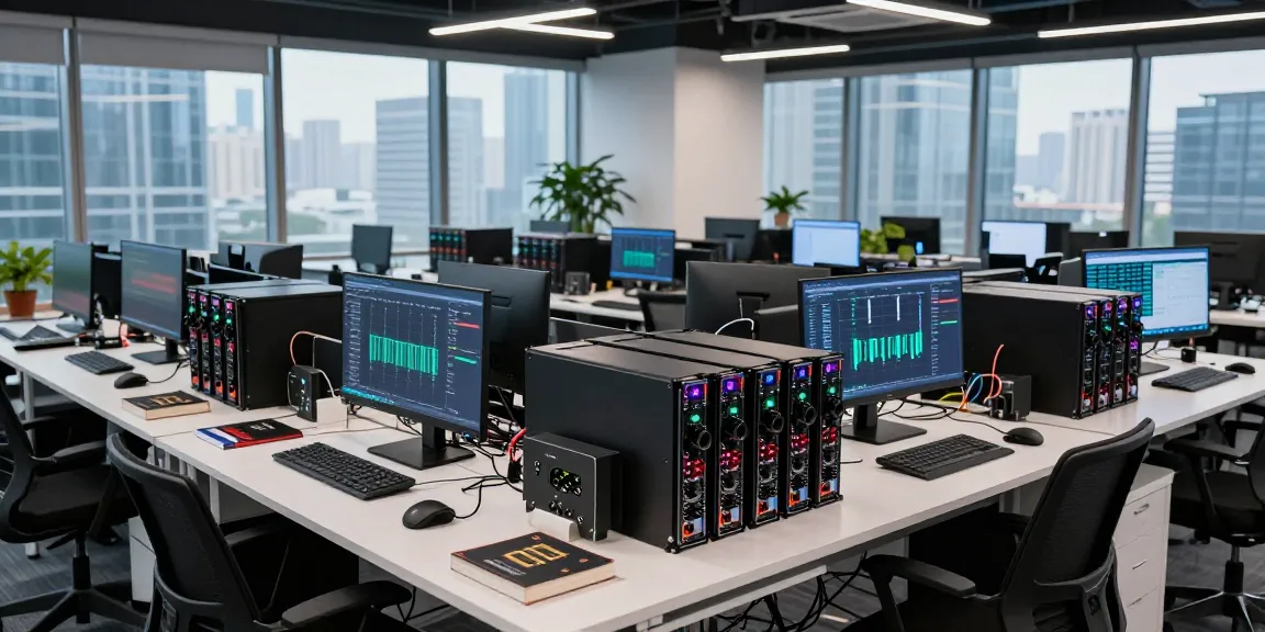 Regulated crypto mining platform showcasing advanced mining rigs and monitors, emphasizing secure blockchain technology and efficient performance.