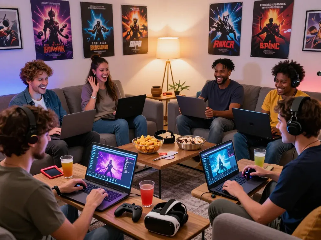 Group enjoying HTML porn games while relaxing in a cozy home setting
