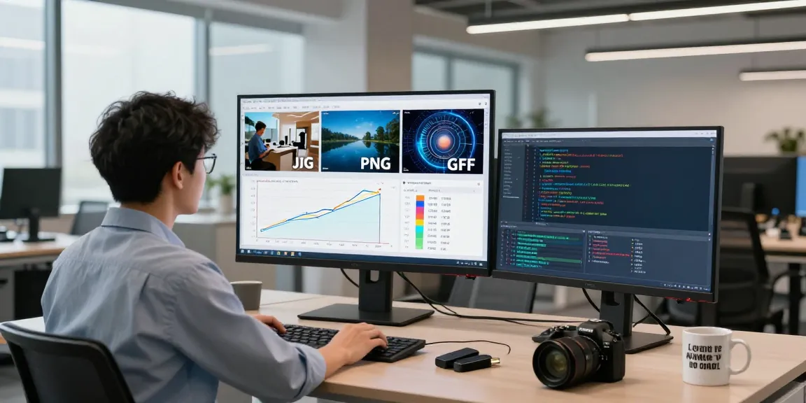 AI detector setup in a modern office with data scientist analyzing various image formats.