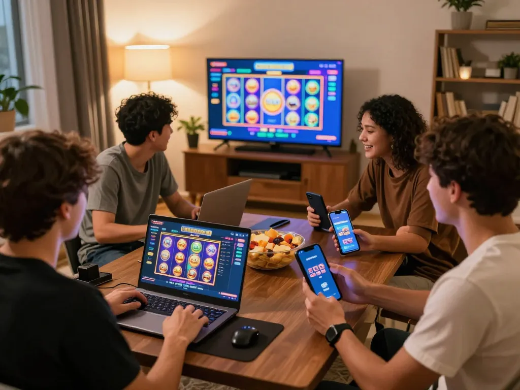 Playing slot gacor online with friends in a lively home atmosphere, showcasing exciting gaming engagement